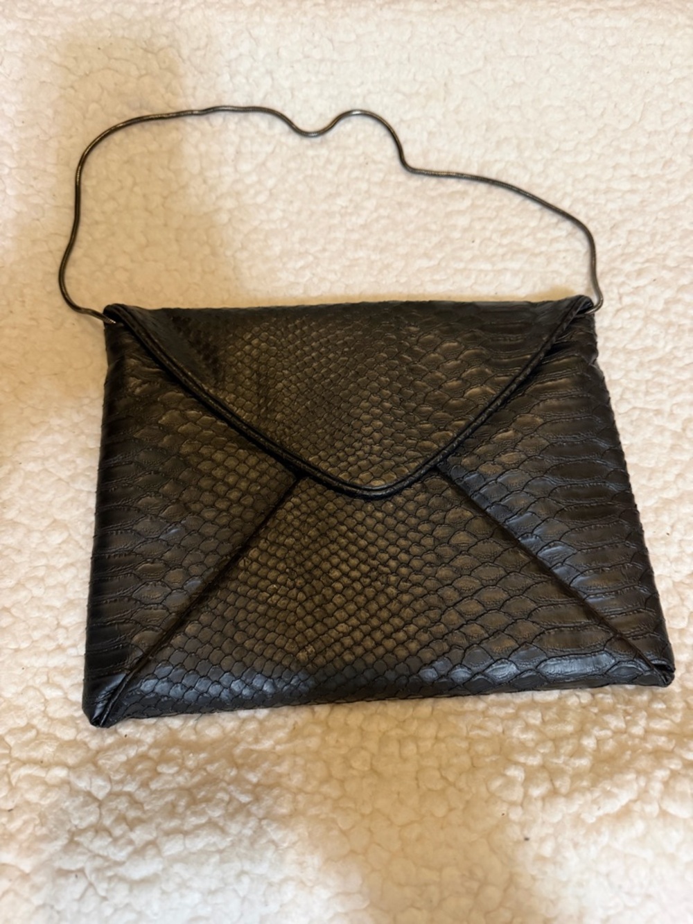 Kate Landry Black Faux Snakeskin Envelope Clutch with chain strap